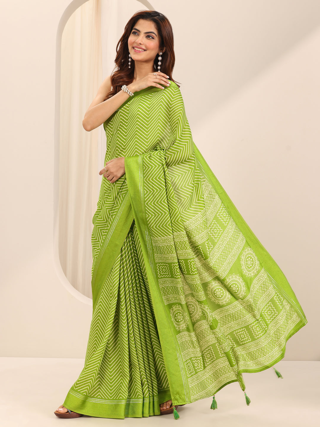  Lime Green Printed Georgette Saree With Unstitched Blouse Piece 
