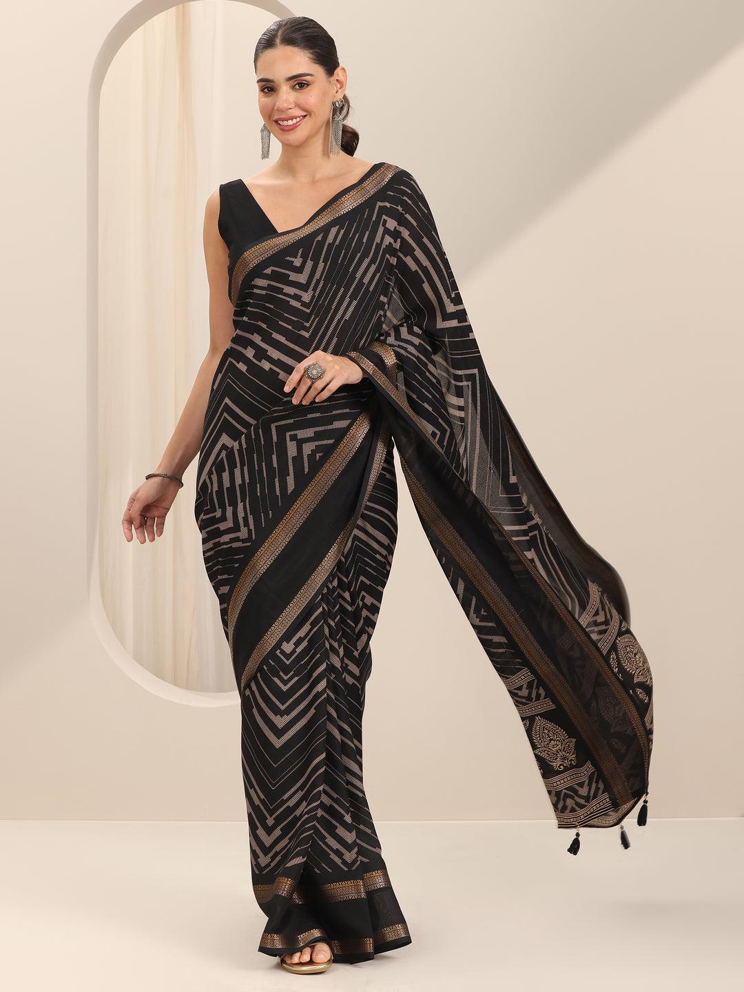  Black Printed Georgette Saree With Unstitched Blouse Piece 