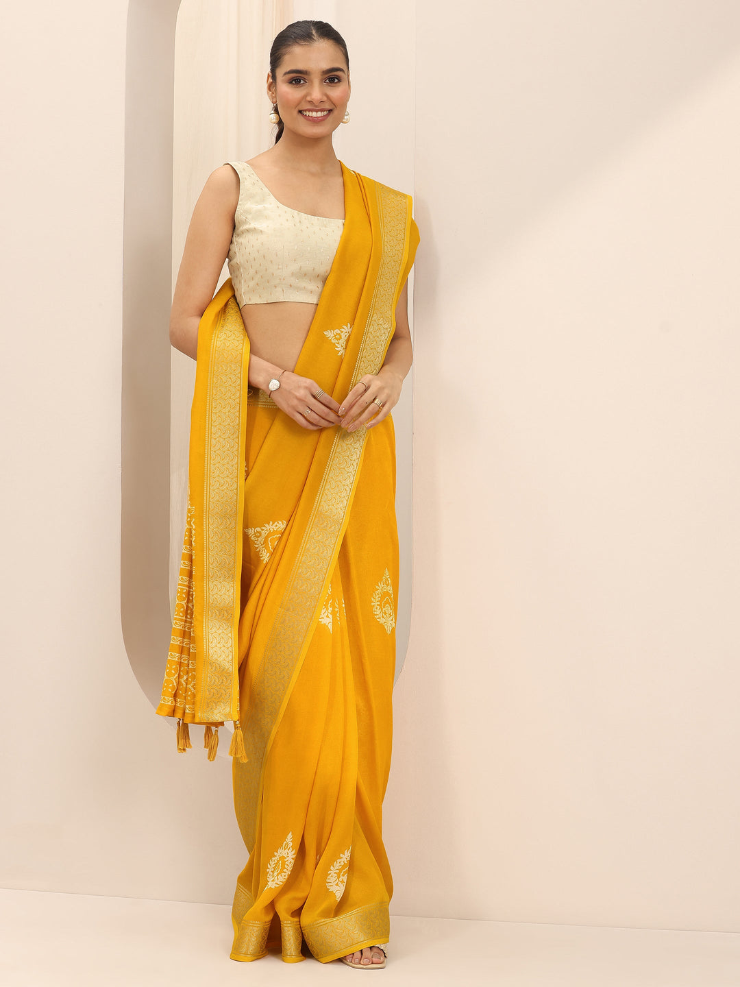  Mustard Printed Georgette Saree With Unstitched Blouse Piece 