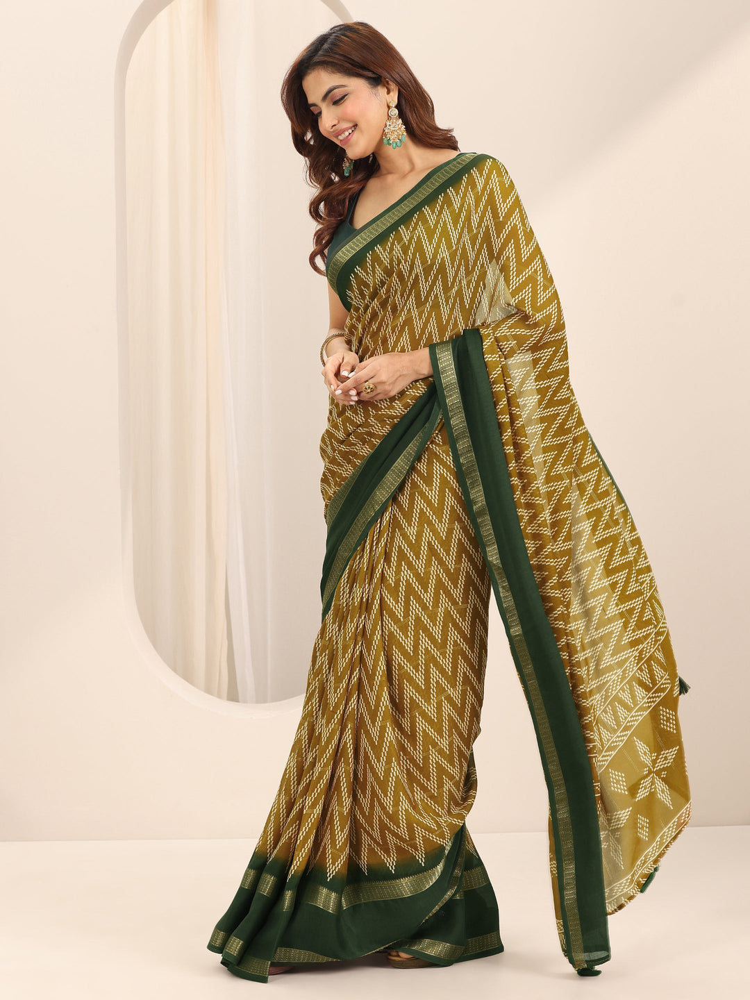  Mustard Printed Georgette Saree With Unstitched Blouse Piece 