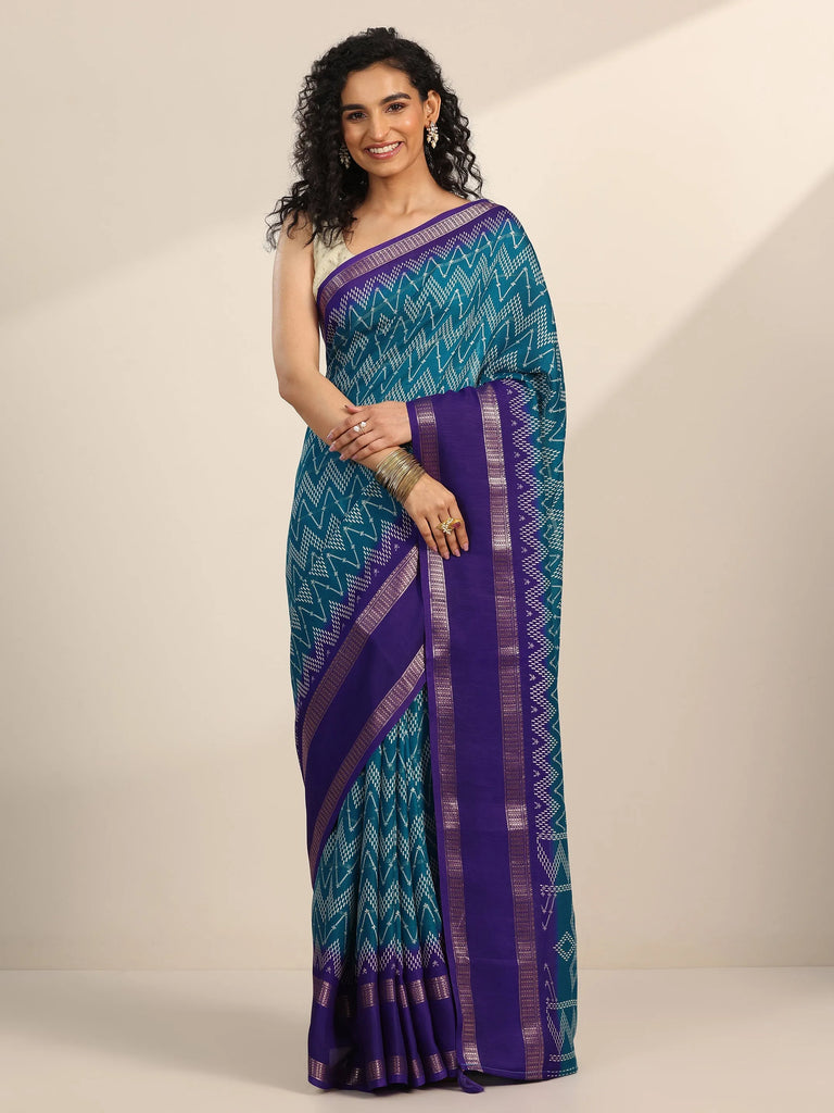 Libas Teal Printed Georgette Saree With Unstitched Blouse Piece