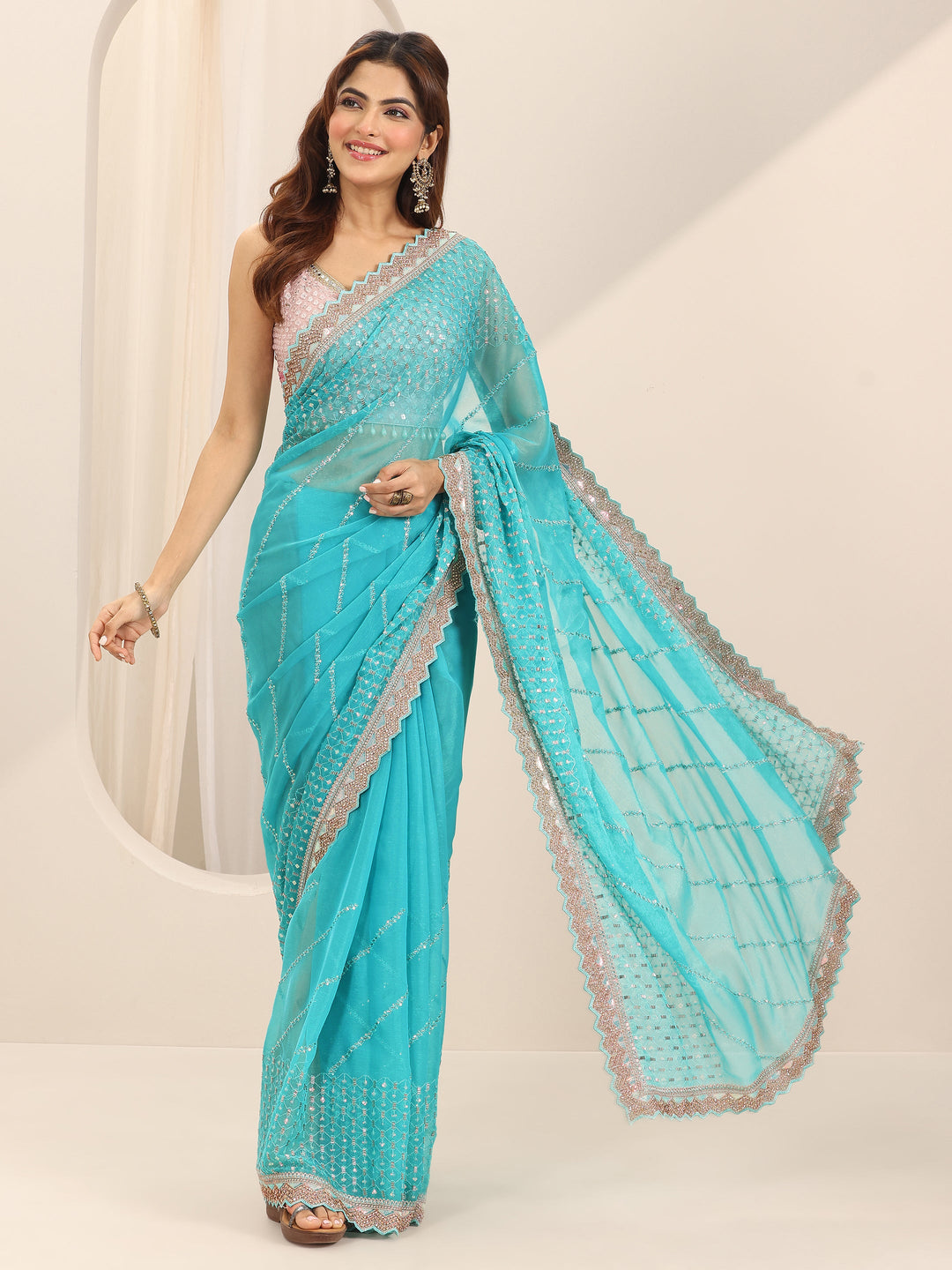  Turquoise blue Printed Silk Chiffon Saree With Unstitched Blouse Piece 