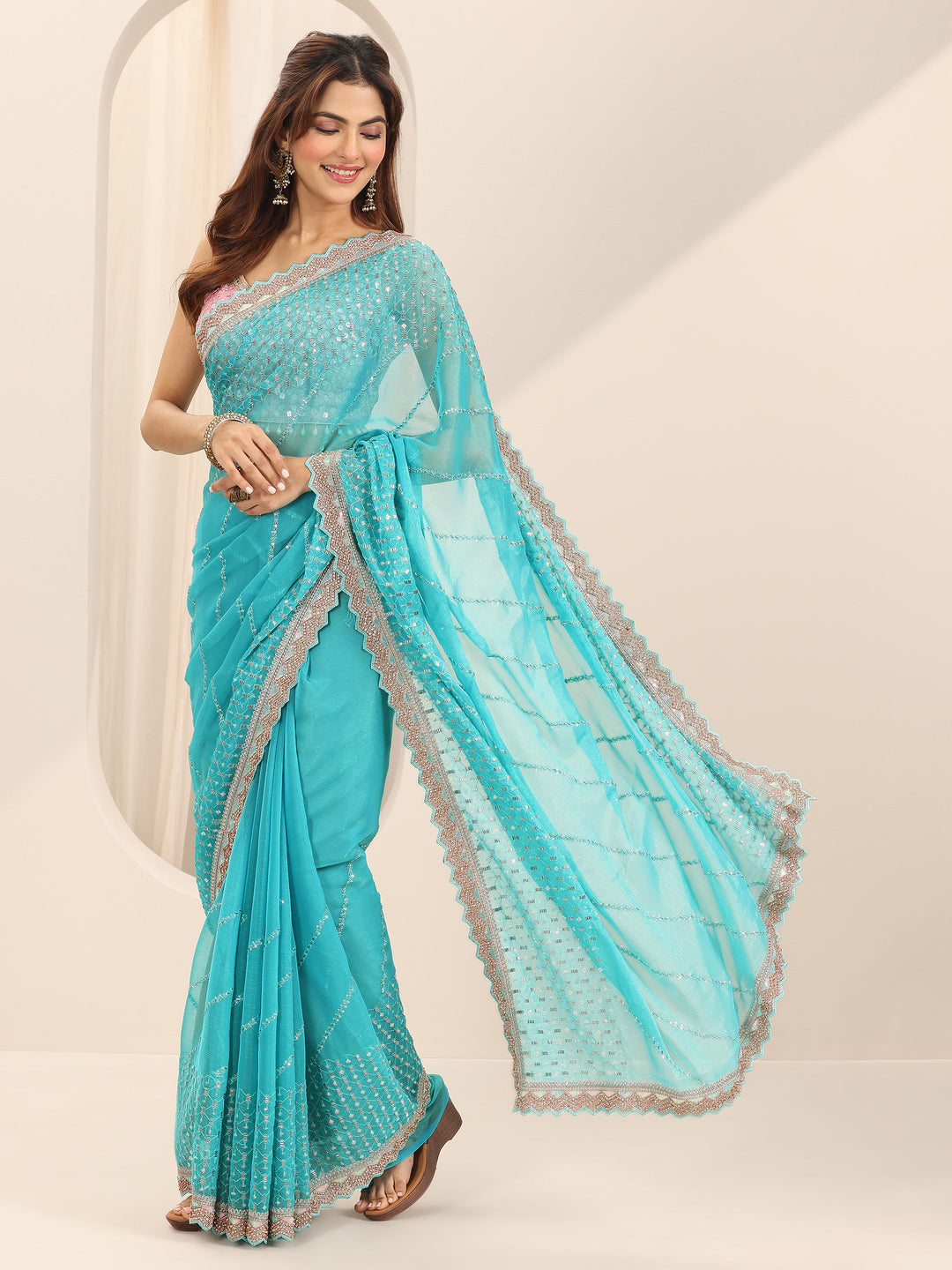  Turquoise blue Printed Silk Chiffon Saree With Unstitched Blouse Piece 