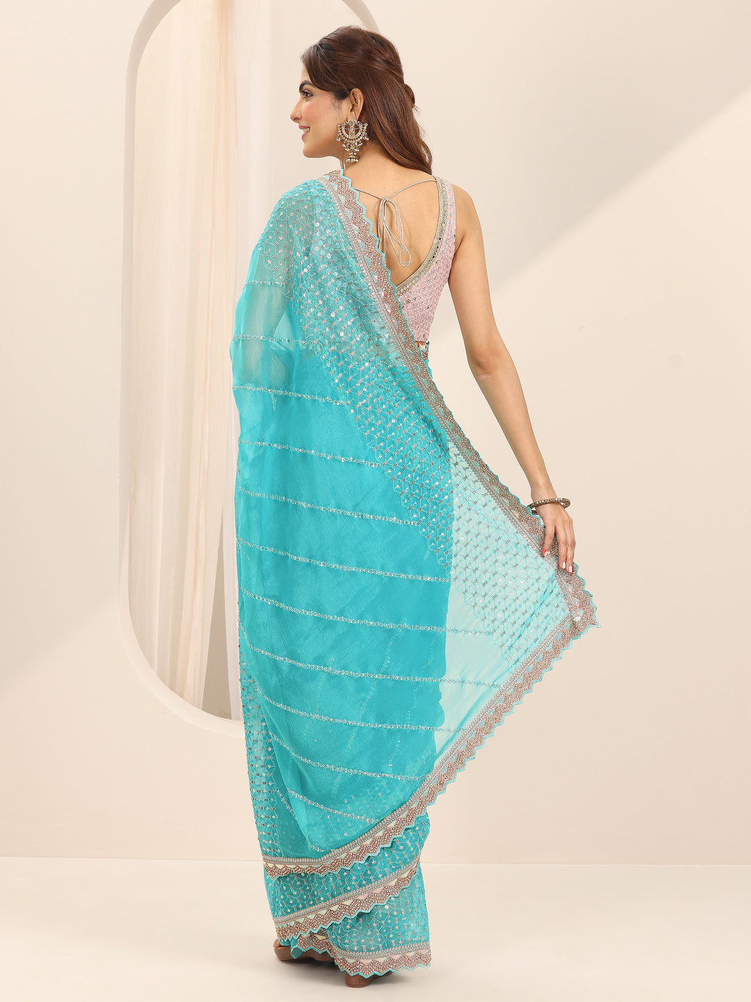  Turquoise blue Printed Silk Chiffon Saree With Unstitched Blouse Piece 