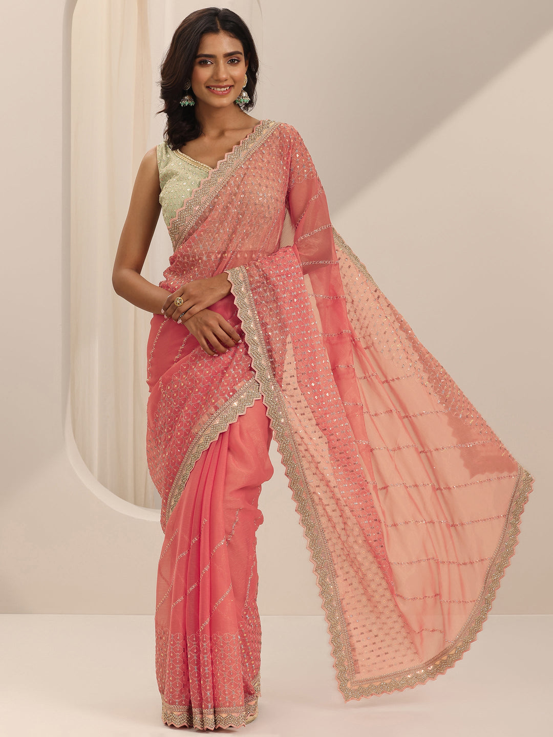  Peach Embroidered Silk Chiffon Saree With Unstitched Blouse Piece 