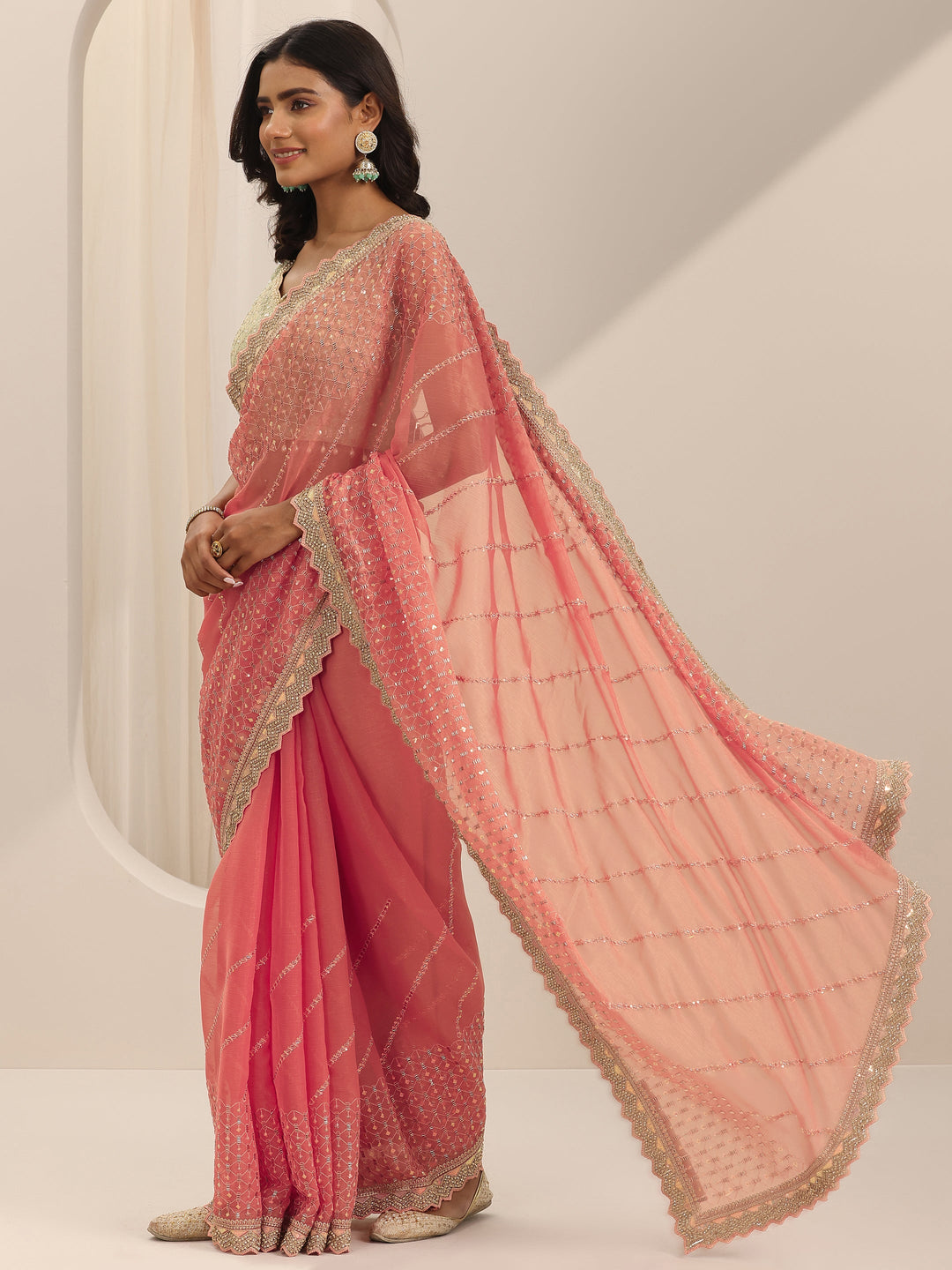  Peach Embroidered Silk Chiffon Saree With Unstitched Blouse Piece 