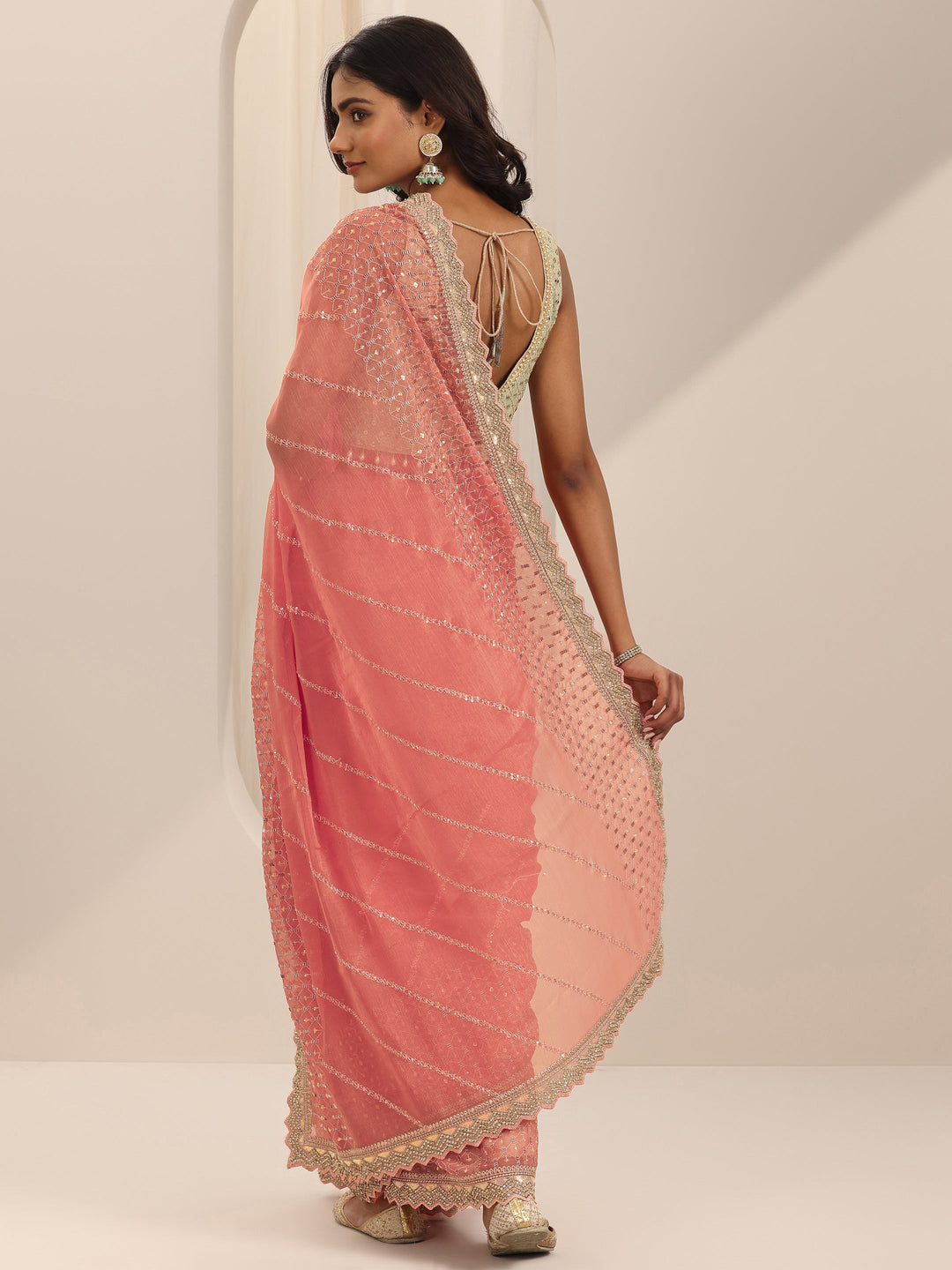  Peach Embroidered Silk Chiffon Saree With Unstitched Blouse Piece 