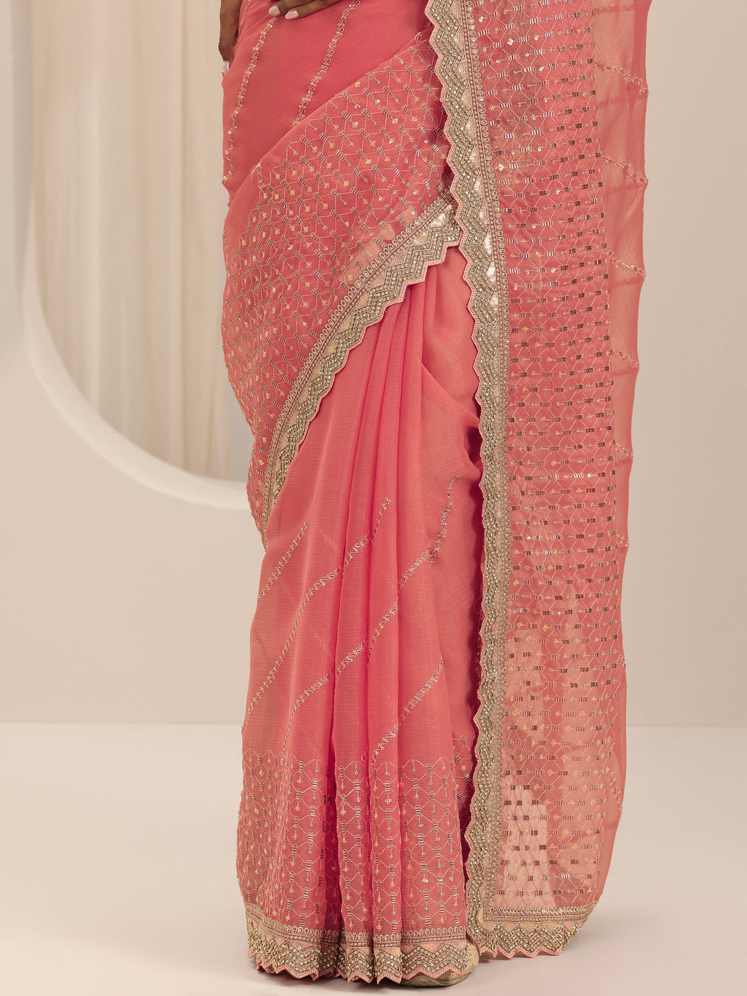  Peach Embroidered Silk Chiffon Saree With Unstitched Blouse Piece 
