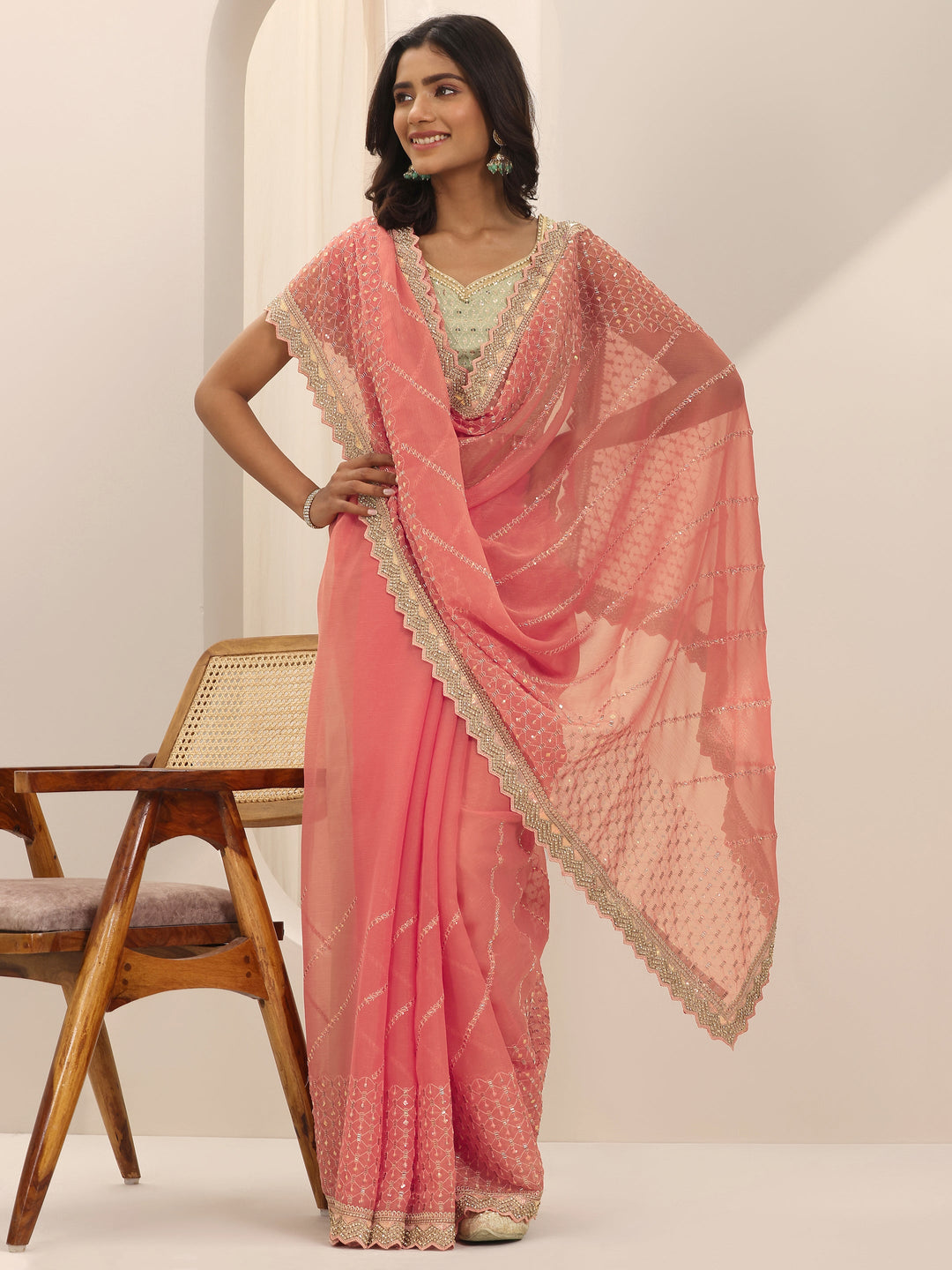 Peach Embroidered Silk Chiffon Saree With Unstitched Blouse Piece 