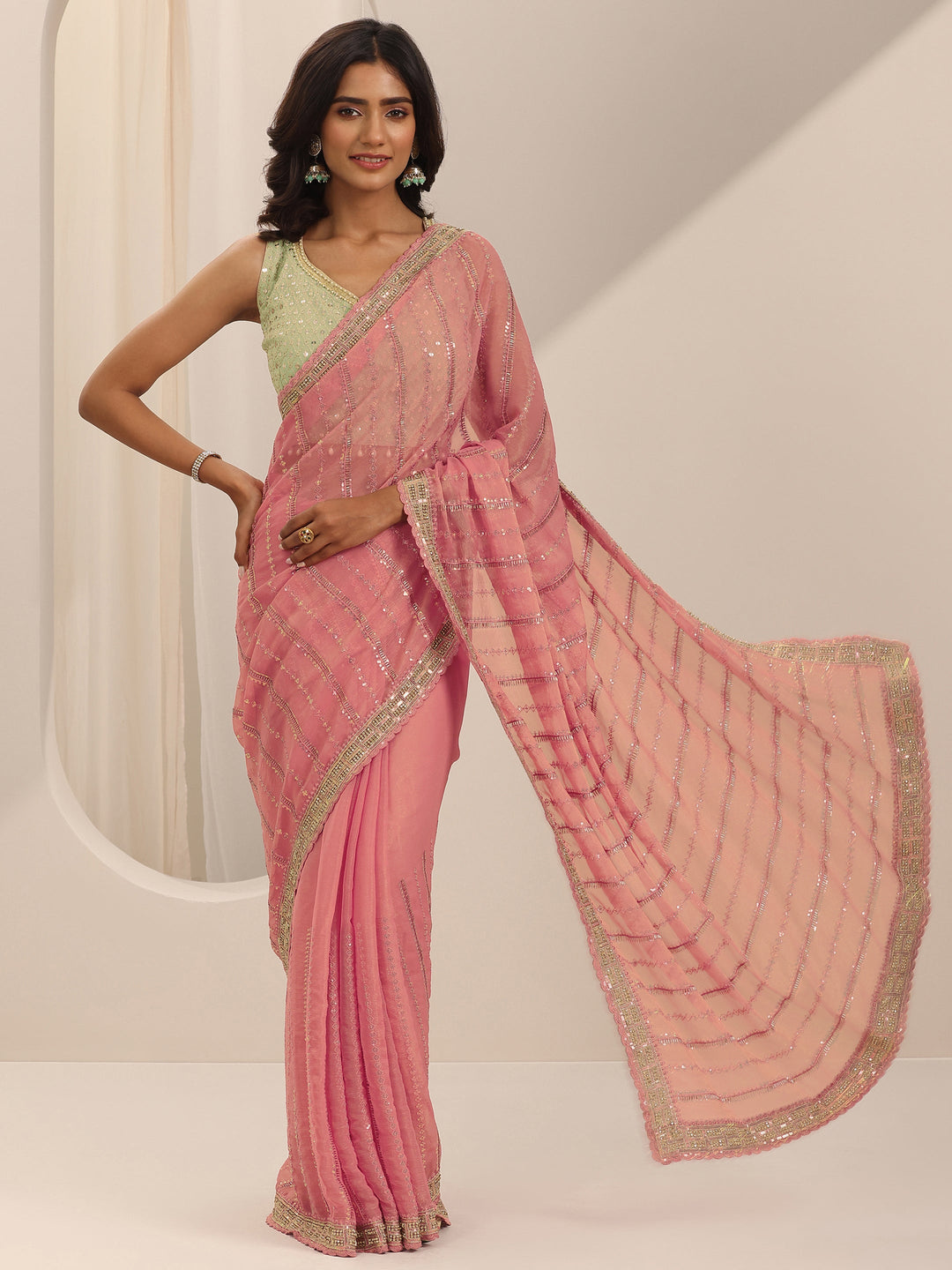  Peach Embroidered Silk Chiffon Saree With Unstitched Blouse Piece 