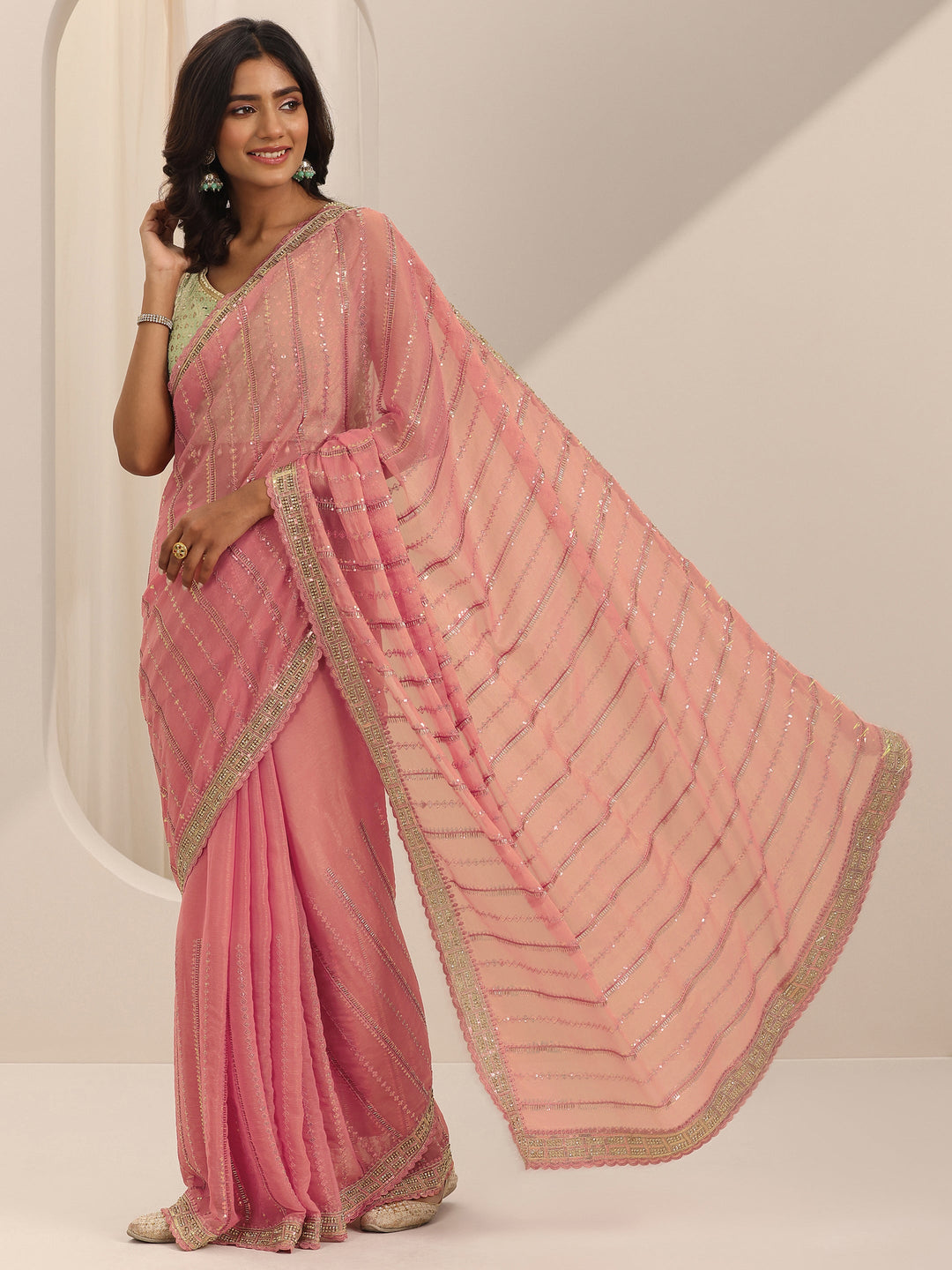  Peach Embroidered Silk Chiffon Saree With Unstitched Blouse Piece 