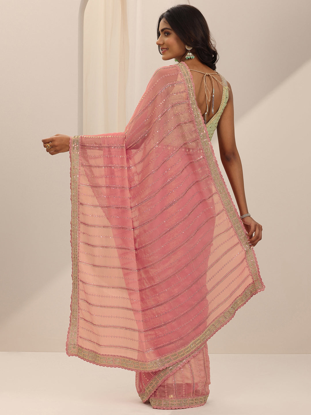  Peach Embroidered Silk Chiffon Saree With Unstitched Blouse Piece 