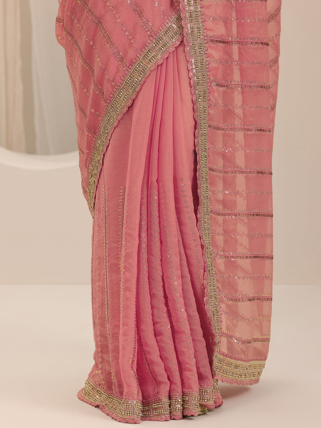  Peach Embroidered Silk Chiffon Saree With Unstitched Blouse Piece 