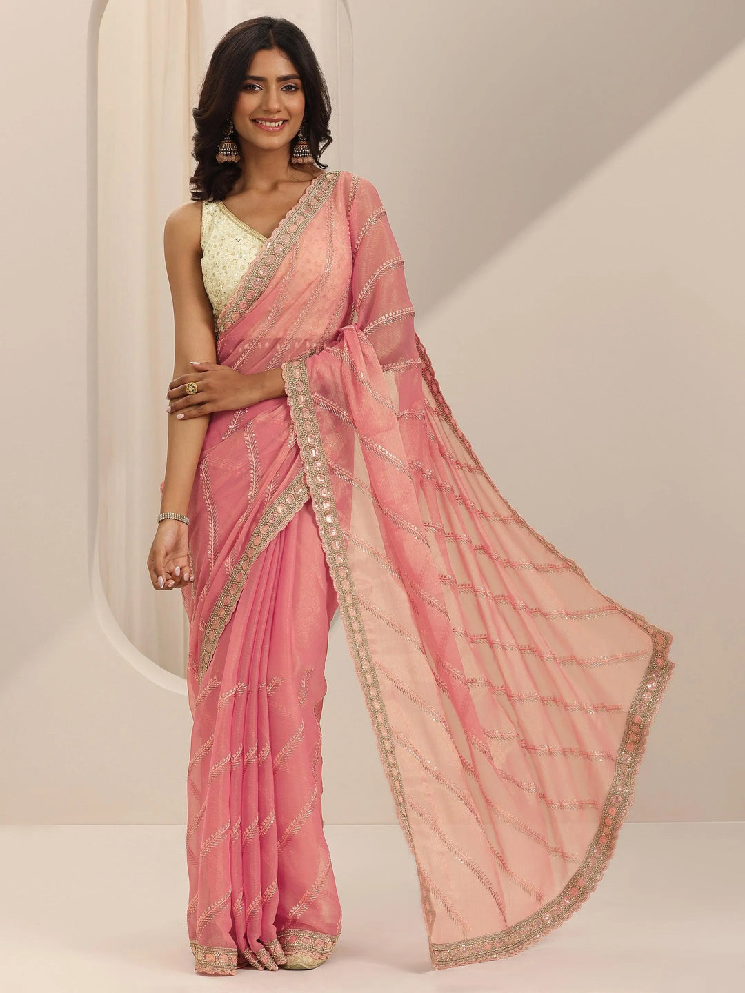  Pink Embroidered Silk Chiffon Saree With Unstitched Blouse Piece 