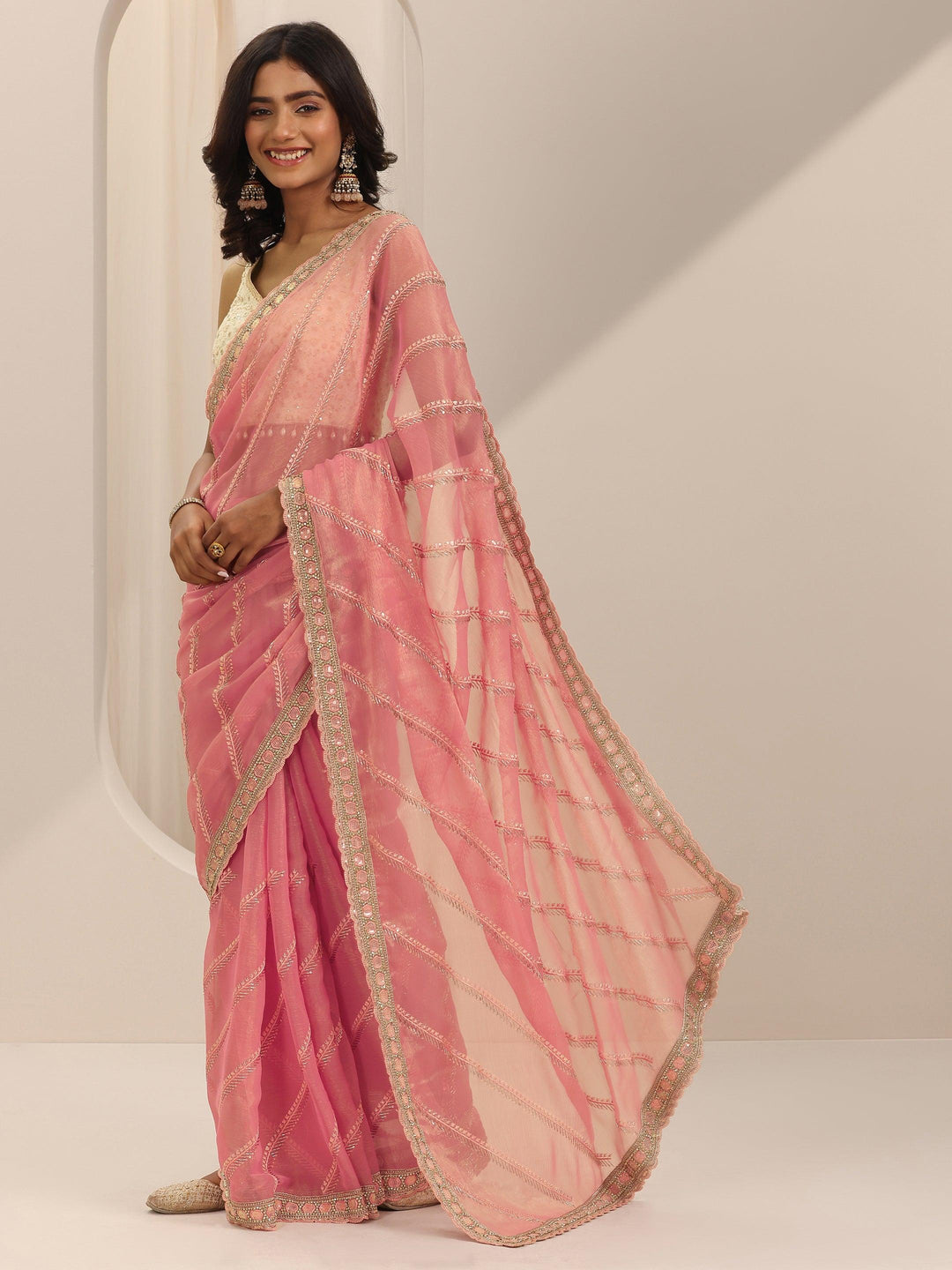  Pink Embroidered Silk Chiffon Saree With Unstitched Blouse Piece 