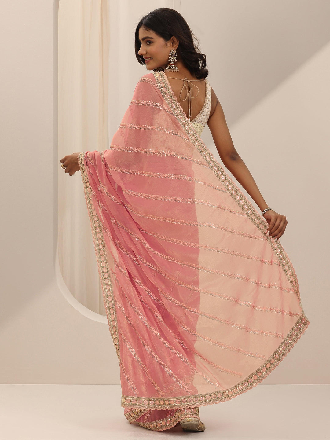  Pink Embroidered Silk Chiffon Saree With Unstitched Blouse Piece 