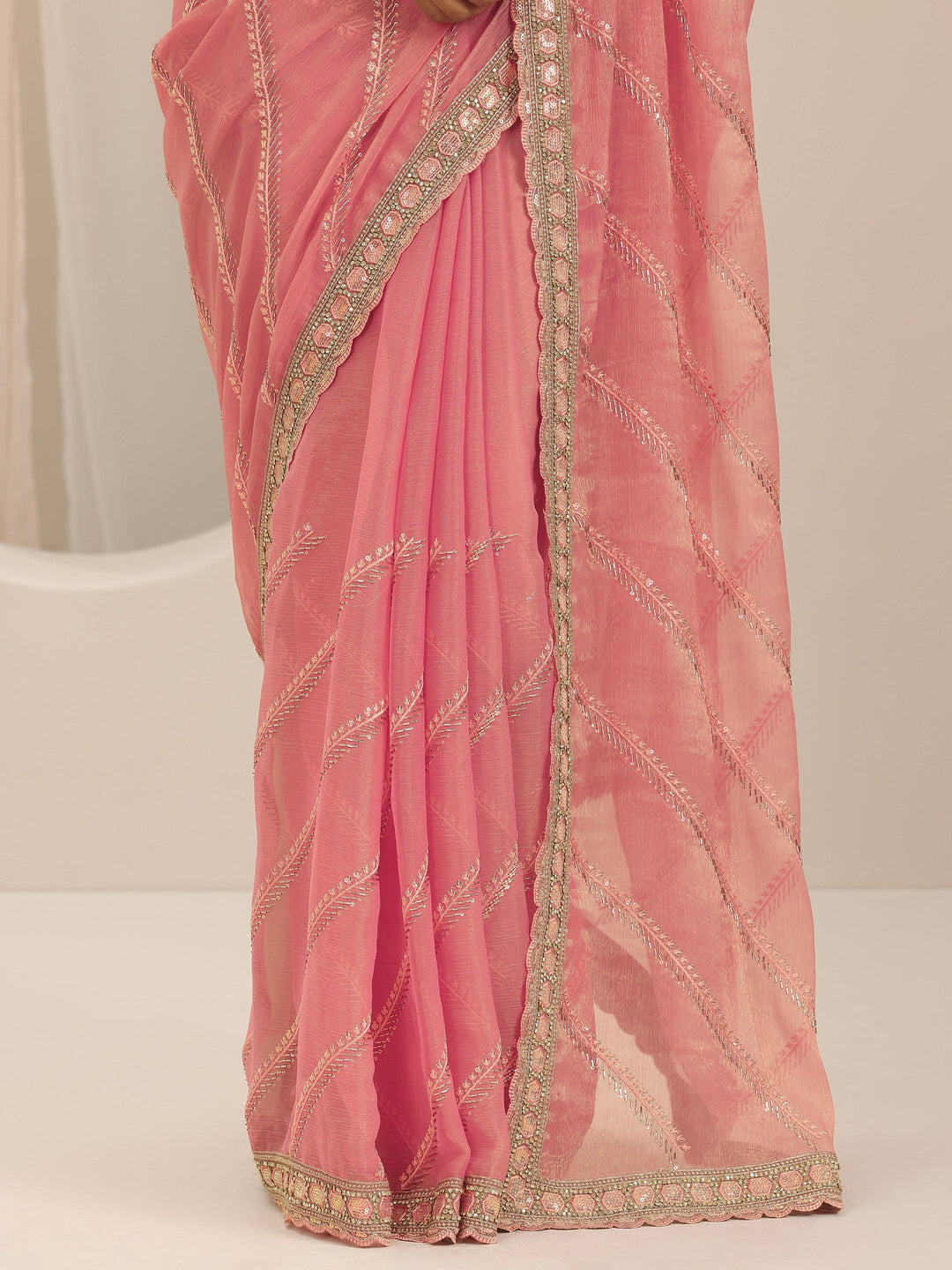  Pink Embroidered Silk Chiffon Saree With Unstitched Blouse Piece 