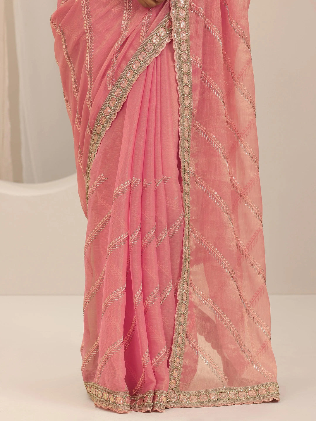  Pink Embroidered Silk Chiffon Saree With Unstitched Blouse Piece 