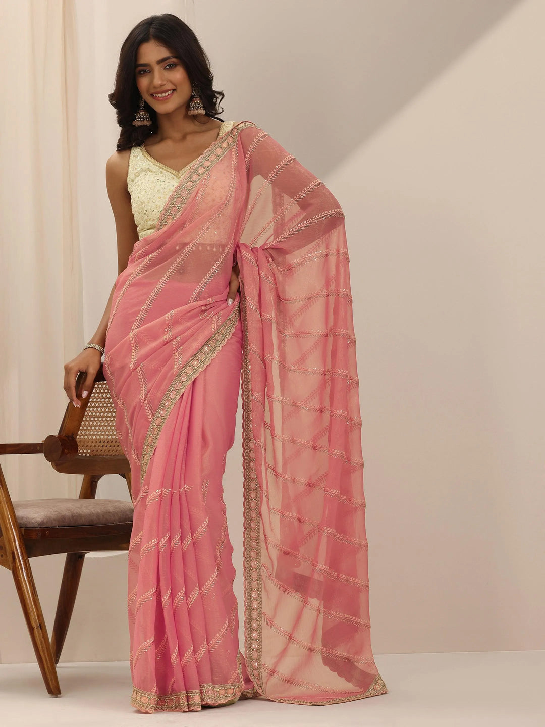  Pink Embroidered Silk Chiffon Saree With Unstitched Blouse Piece 