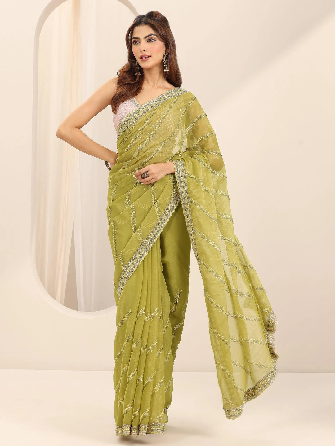  Green Printed Silk Chiffon Saree With Unstitched Blouse Piece 