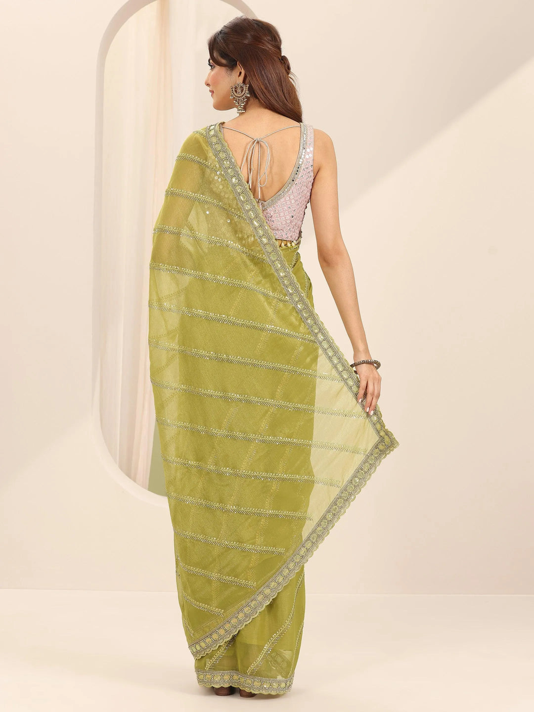  Green Printed Silk Chiffon Saree With Unstitched Blouse Piece 