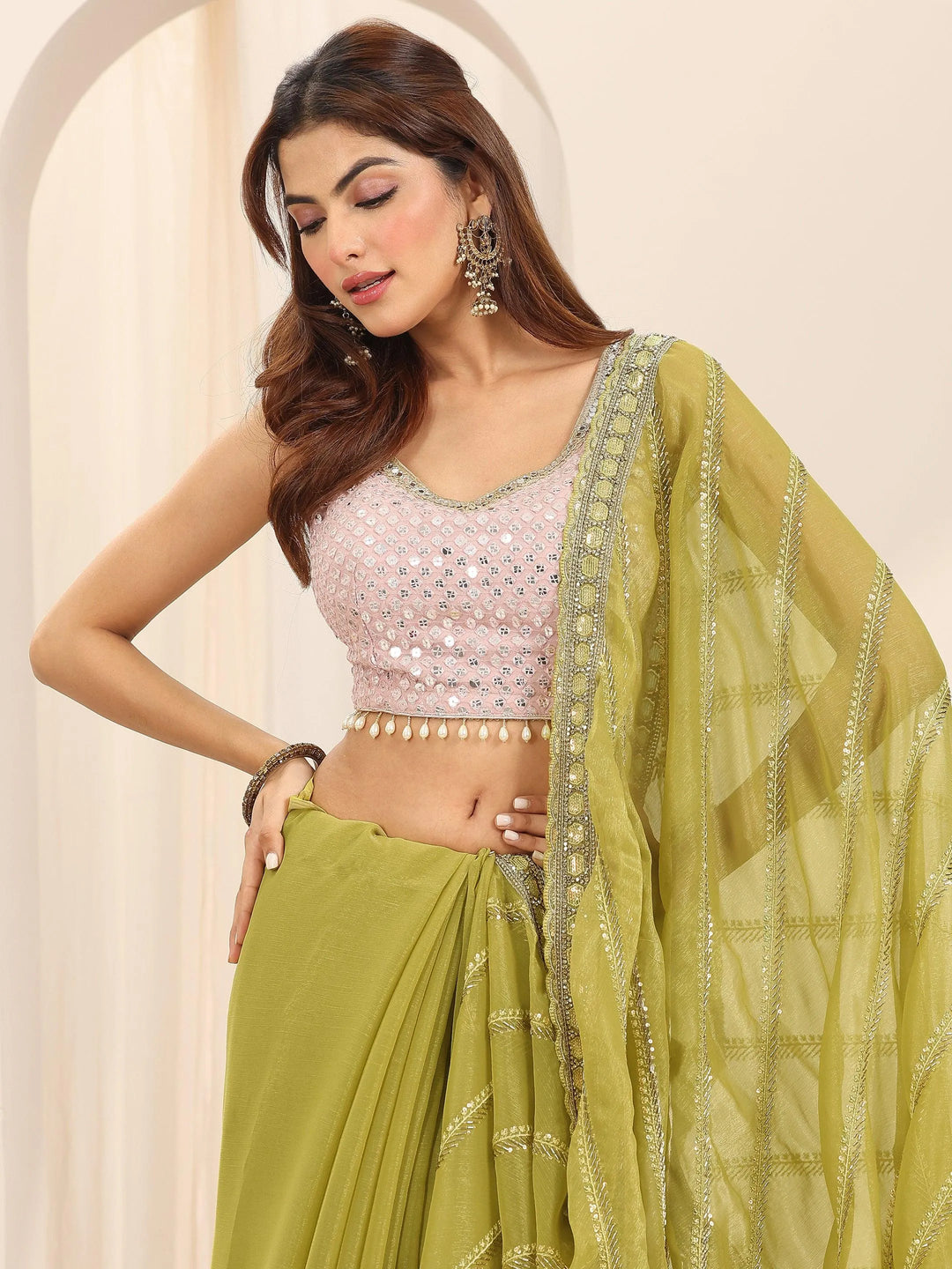  Green Printed Silk Chiffon Saree With Unstitched Blouse Piece 