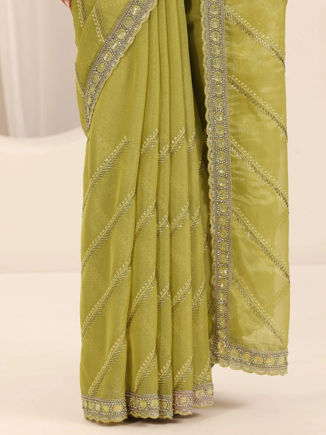  Green Printed Silk Chiffon Saree With Unstitched Blouse Piece 