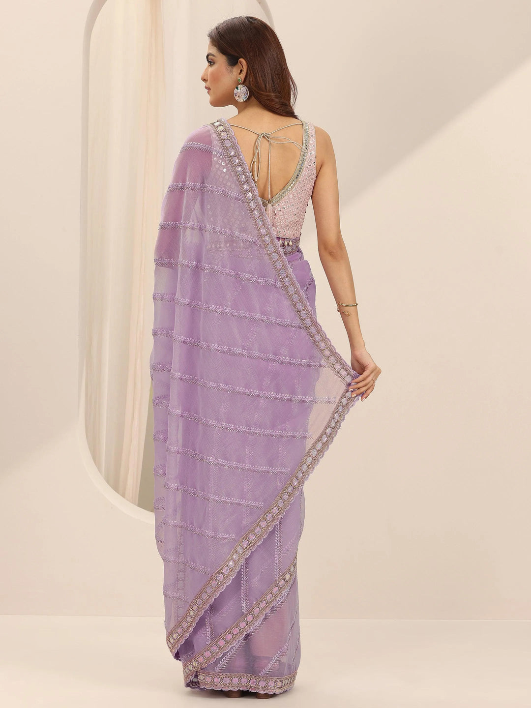  Lavender Printed Silk Chiffon Saree With Unstitched Blouse Piece 
