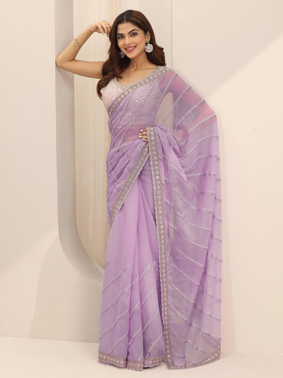  Lavender Printed Silk Chiffon Saree With Unstitched Blouse Piece 