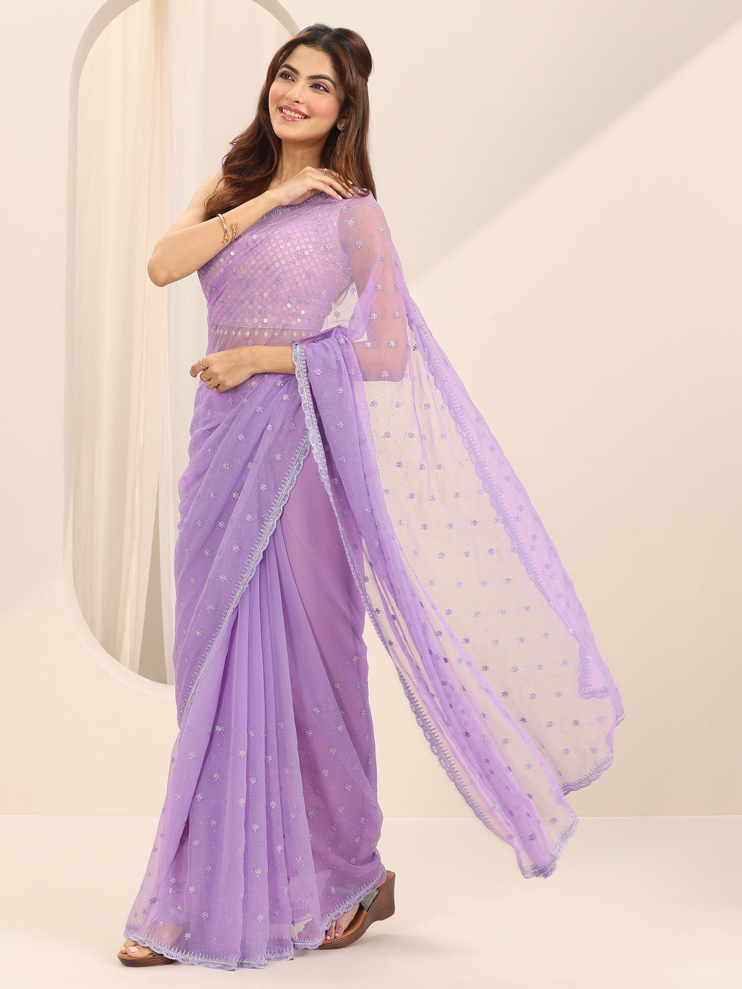 Lavender Printed Chiffon Saree With Unstitched Blouse Piece 