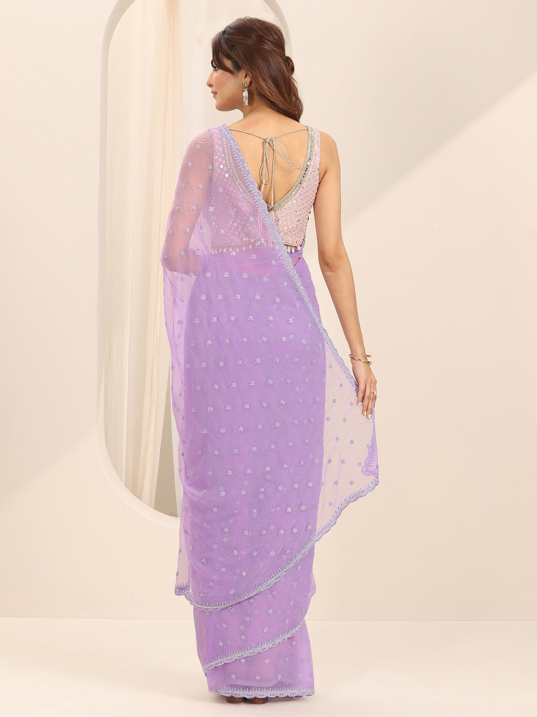  Lavender Printed Chiffon Saree With Unstitched Blouse Piece 