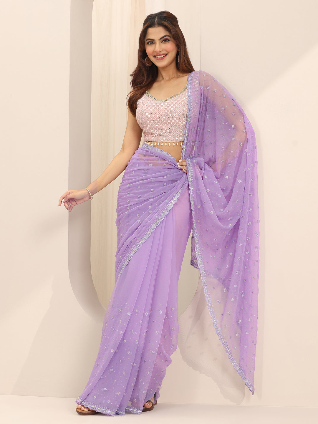  Lavender Printed Chiffon Saree With Unstitched Blouse Piece 