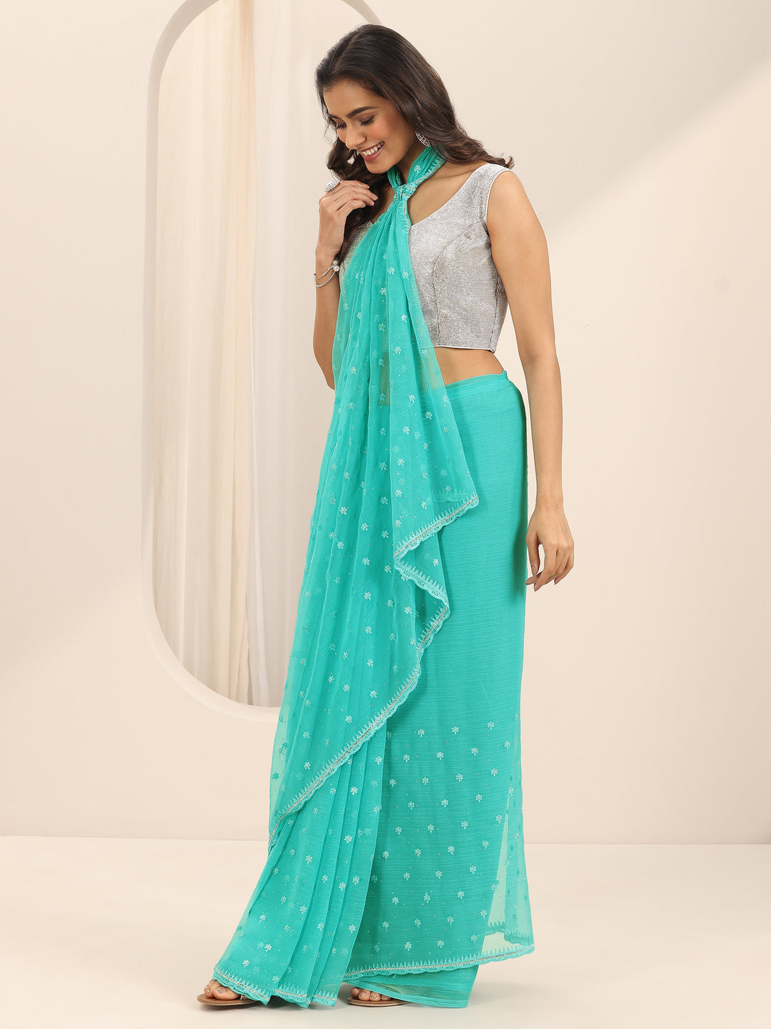  Blue Embroidered Chiffon Saree With Unstitched Blouse Piece 