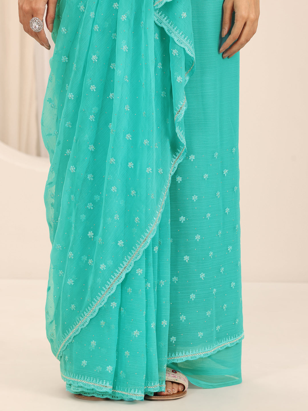  Blue Embroidered Chiffon Saree With Unstitched Blouse Piece 