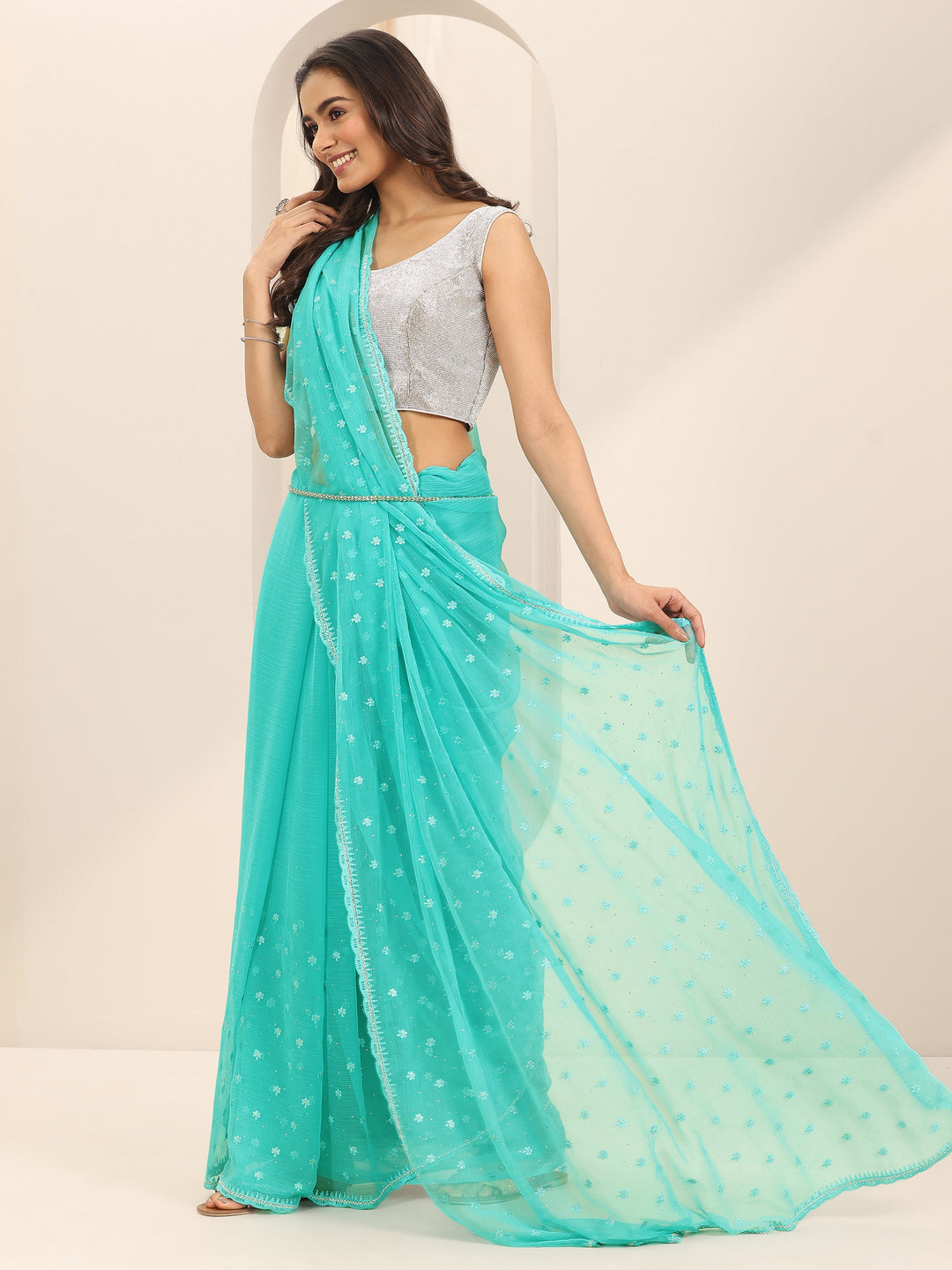  Blue Embroidered Chiffon Saree With Unstitched Blouse Piece 