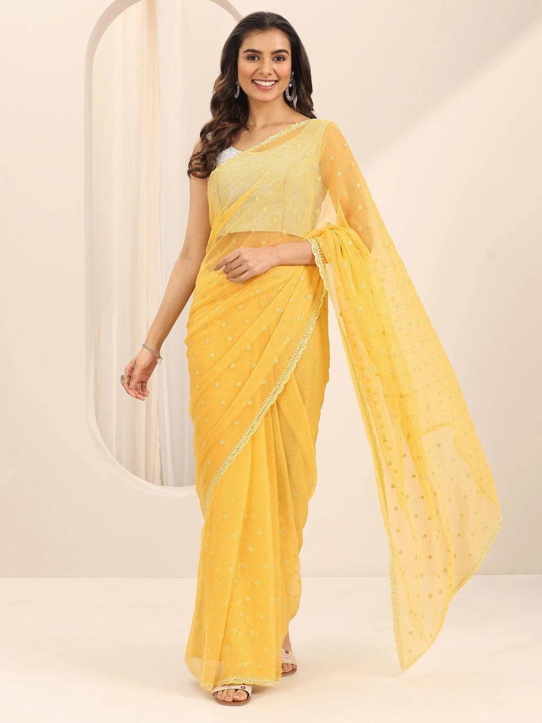  Yellow Embroidered Chiffon Saree With Unstitched Blouse Piece 