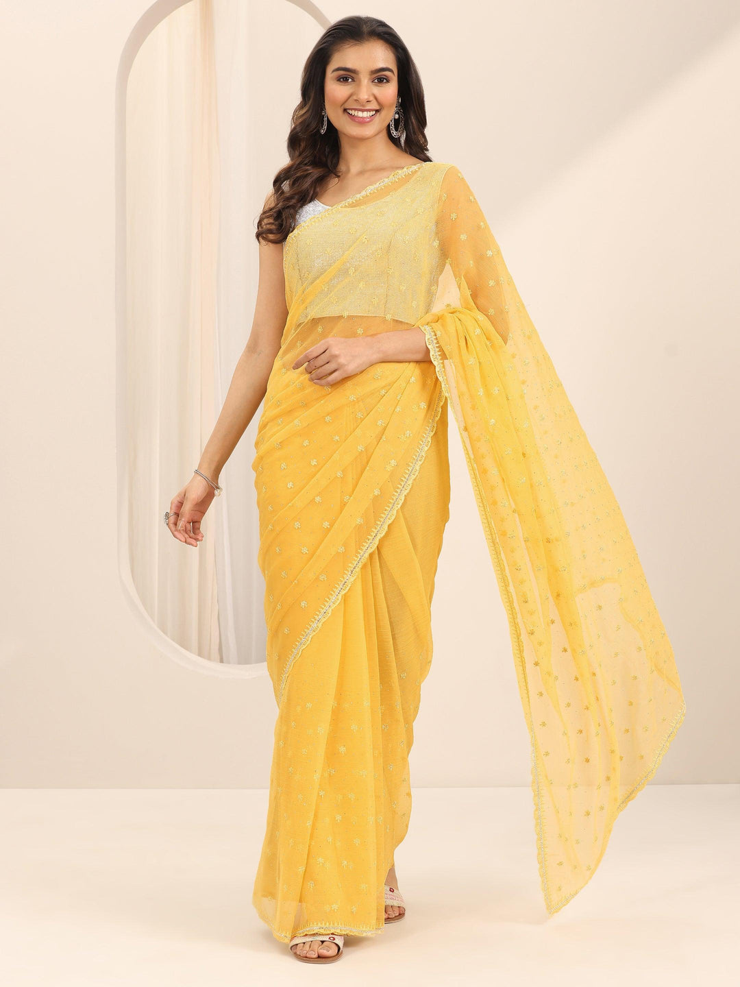 Yellow Embroidered Chiffon Saree With Unstitched Blouse Piece 