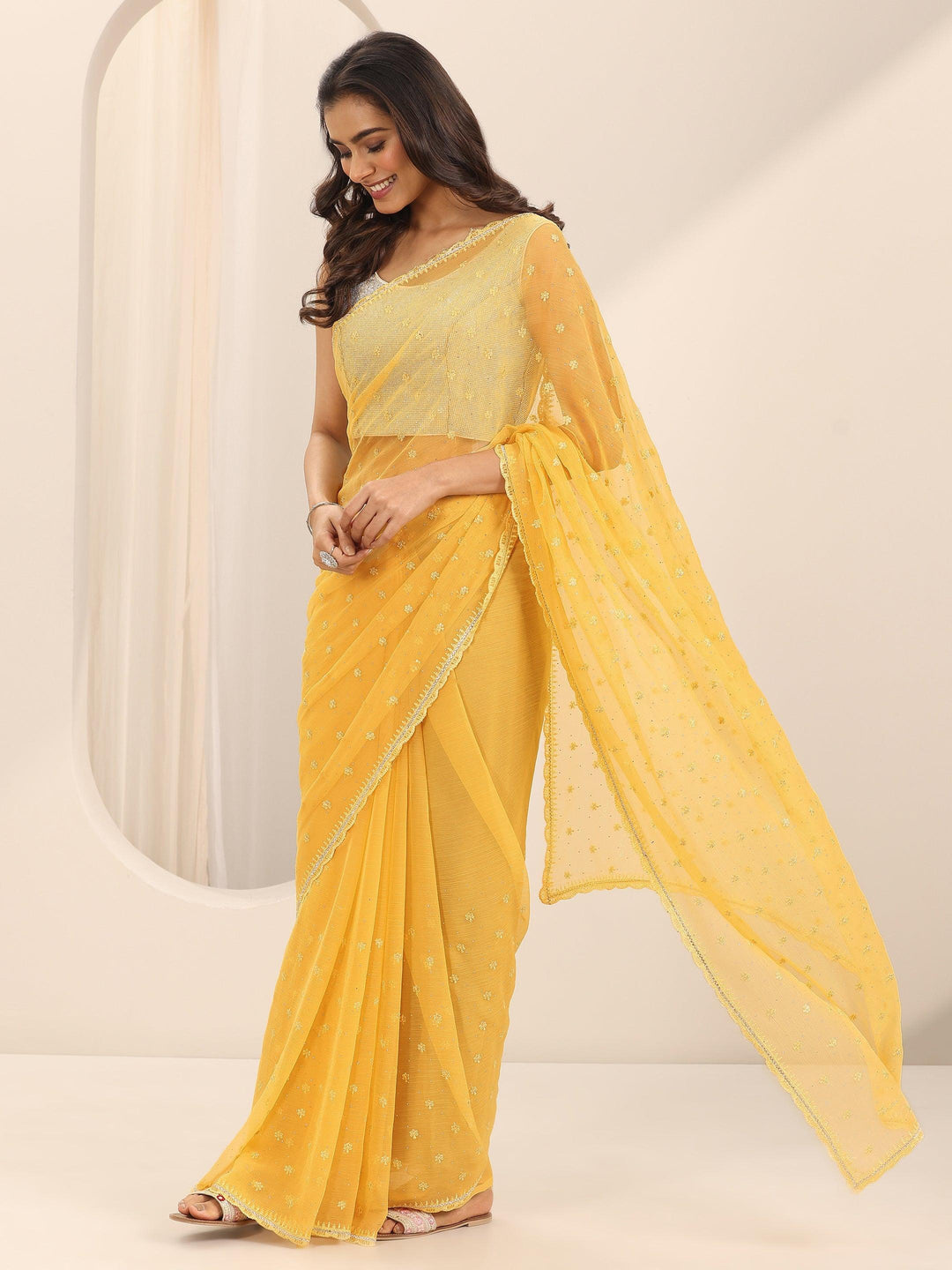  Yellow Embroidered Chiffon Saree With Unstitched Blouse Piece 
