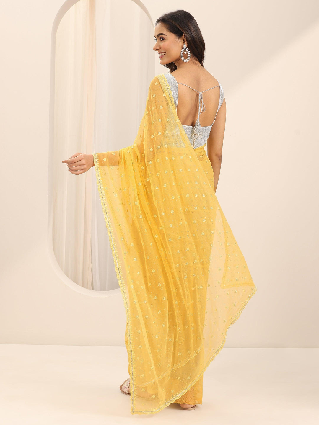  Yellow Embroidered Chiffon Saree With Unstitched Blouse Piece 
