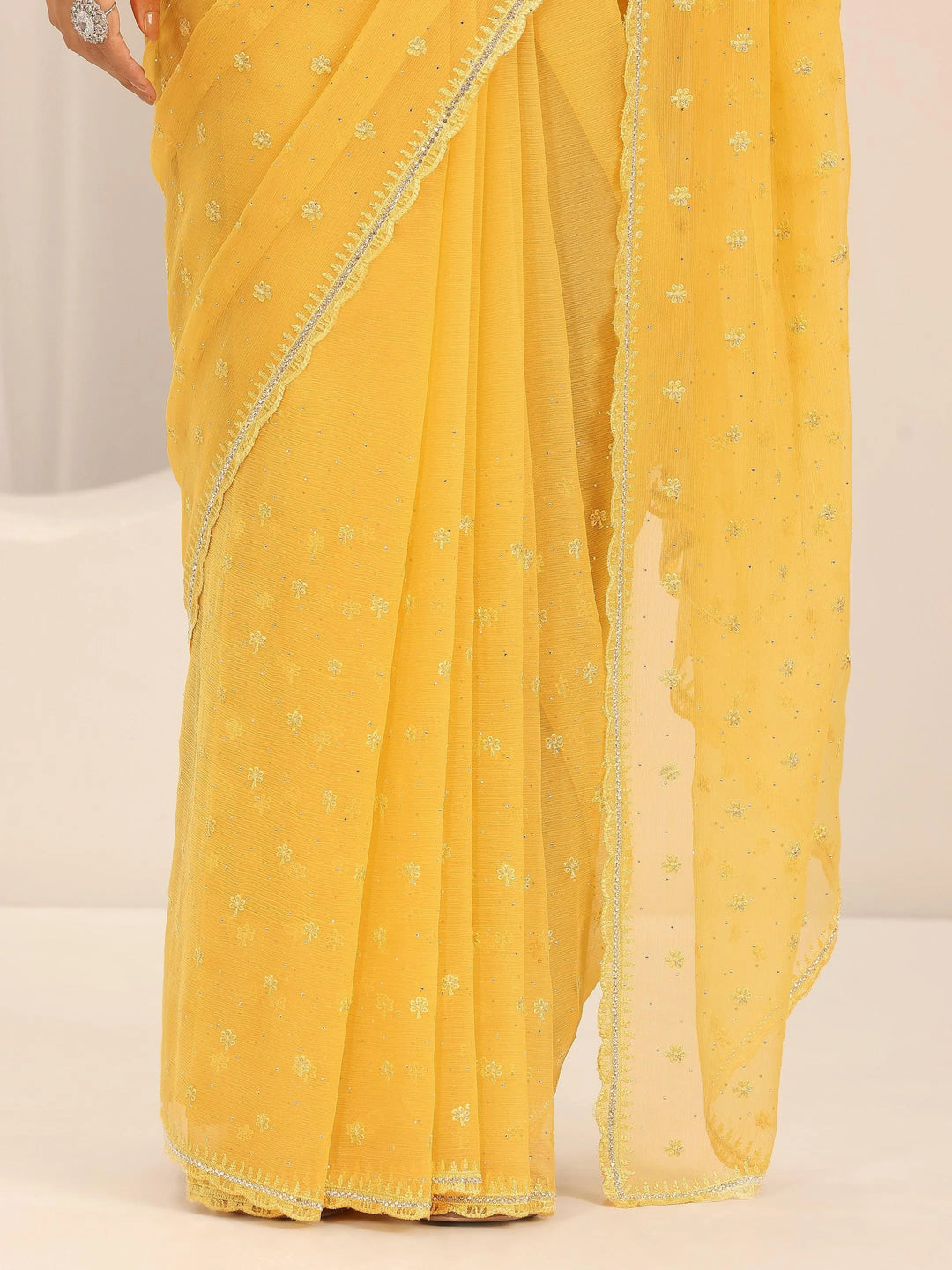  Yellow Embroidered Chiffon Saree With Unstitched Blouse Piece 
