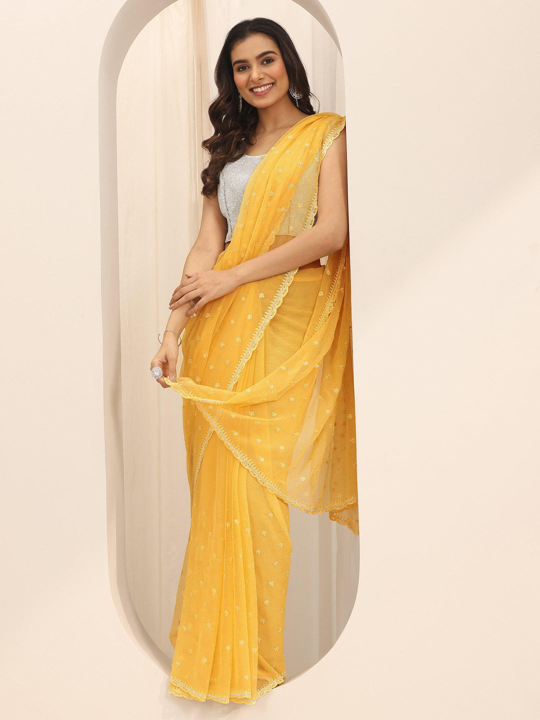  Yellow Embroidered Chiffon Saree With Unstitched Blouse Piece 