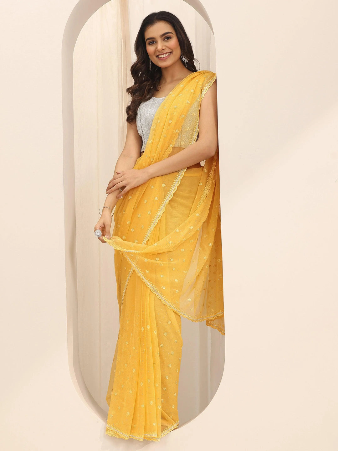  Yellow Embroidered Chiffon Saree With Unstitched Blouse Piece 