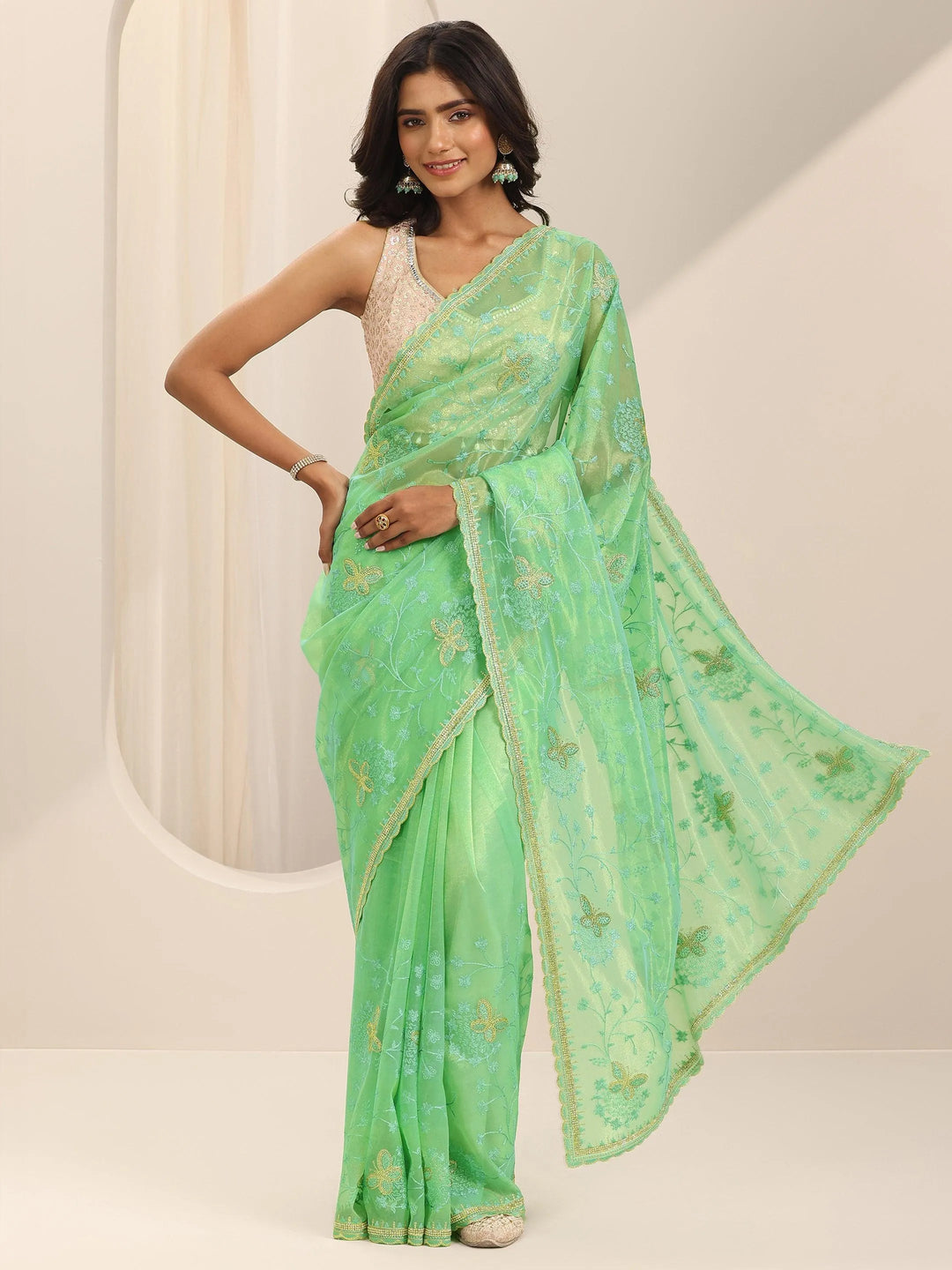  Green Embroidered Net Silk Saree With Unstitched Blouse Piece 