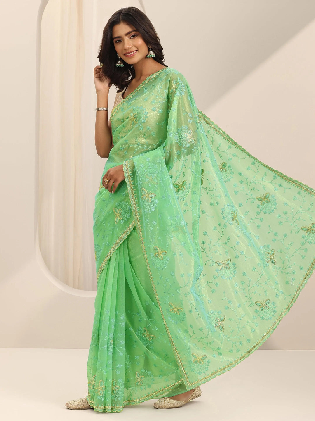  Green Embroidered Net Silk Saree With Unstitched Blouse Piece 