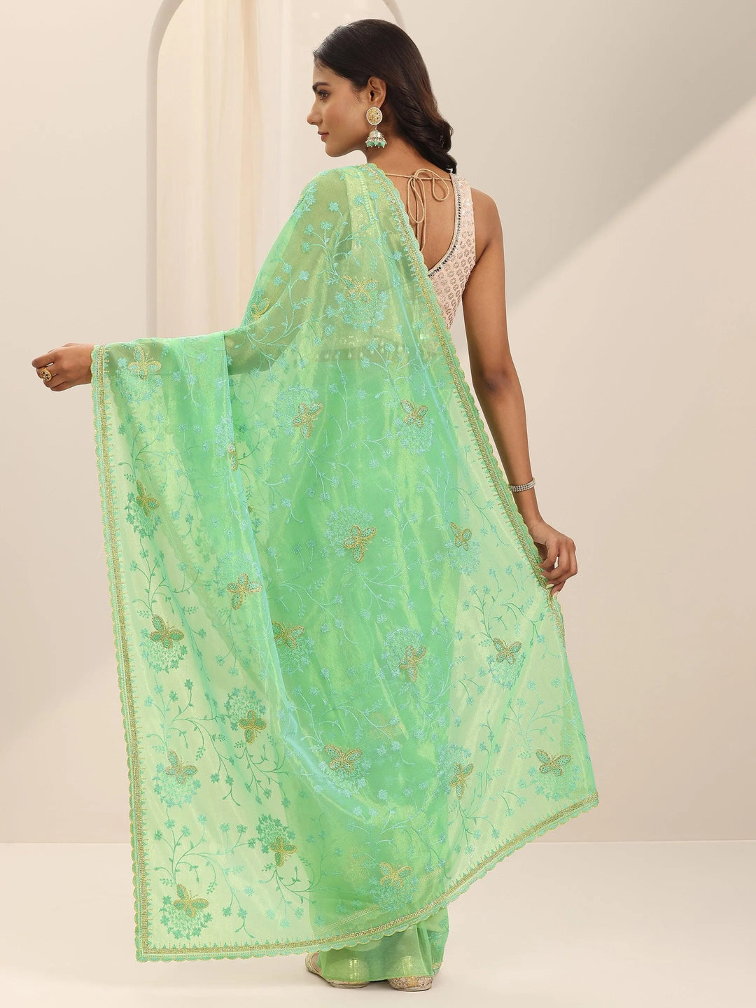 Green Embroidered Net Silk Saree With Unstitched Blouse Piece 