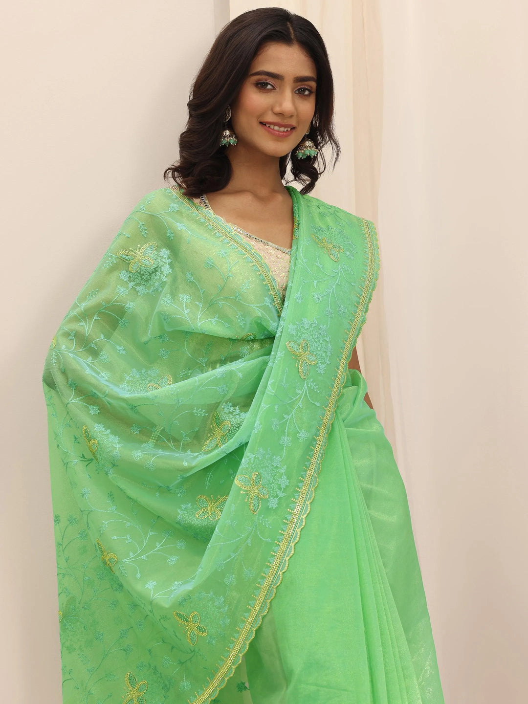 Green Embroidered Net Silk Saree With Unstitched Blouse Piece