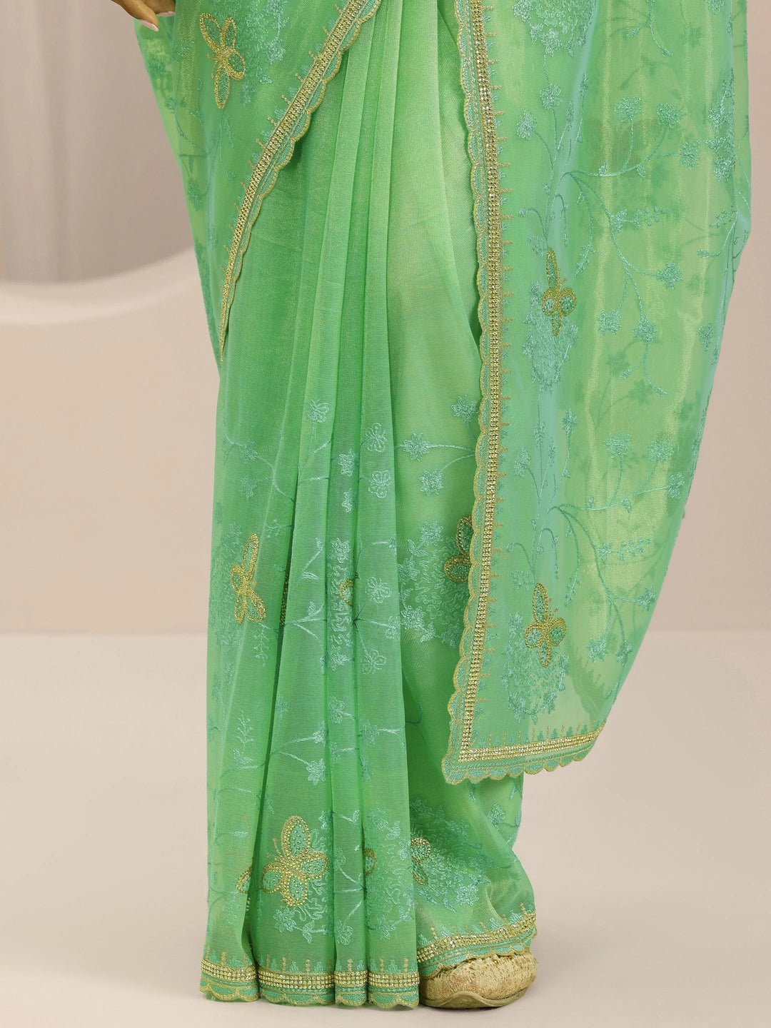  Green Embroidered Net Silk Saree With Unstitched Blouse Piece 