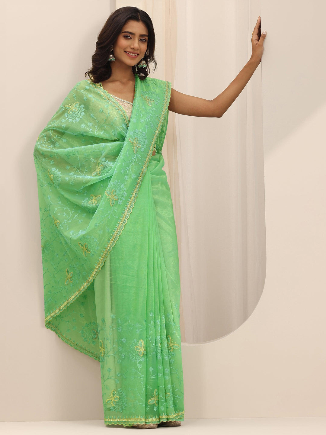  Green Embroidered Net Silk Saree With Unstitched Blouse Piece 