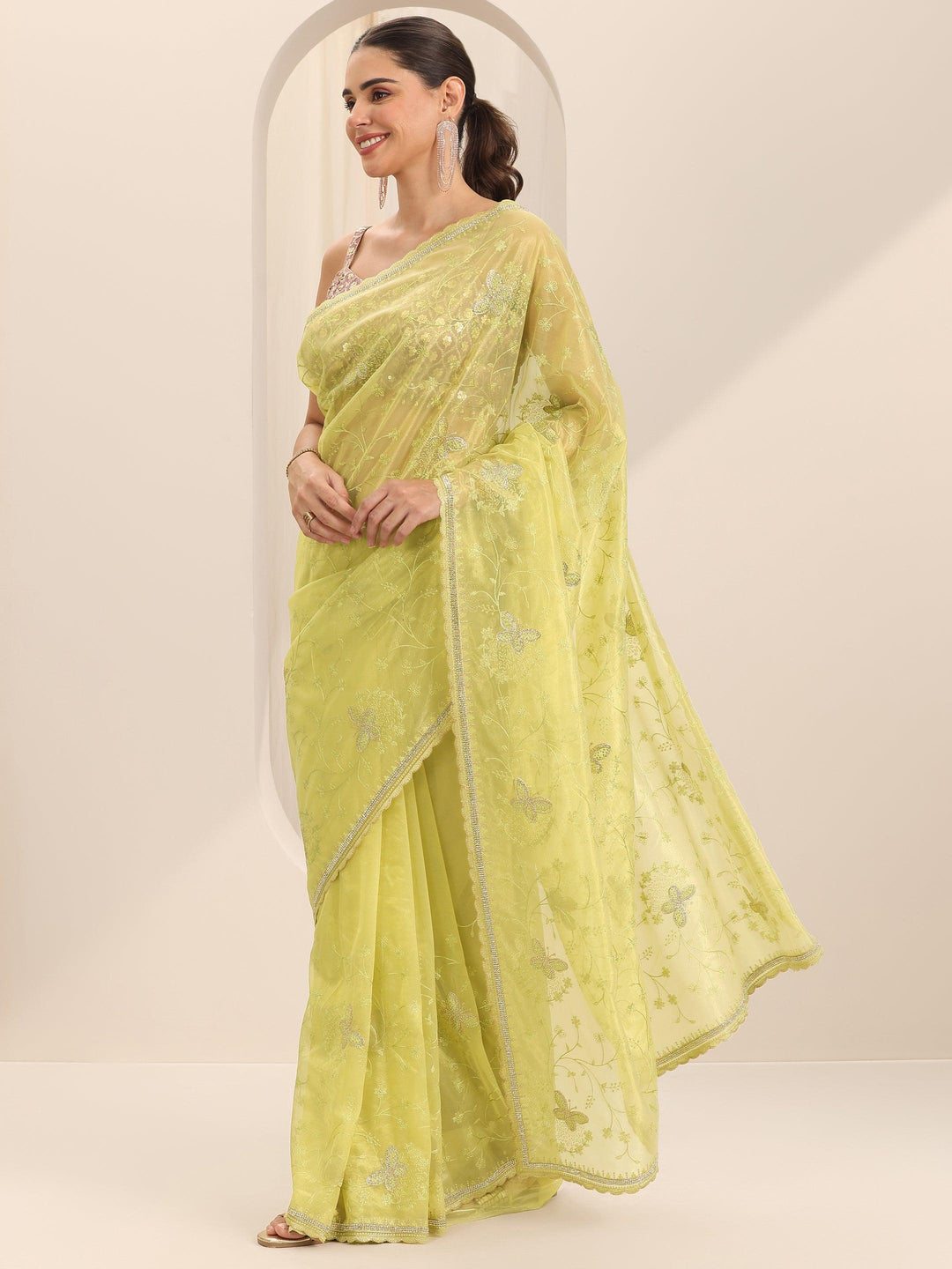  Green Embroidered Net Silk Saree With Unstitched Blouse Piece 