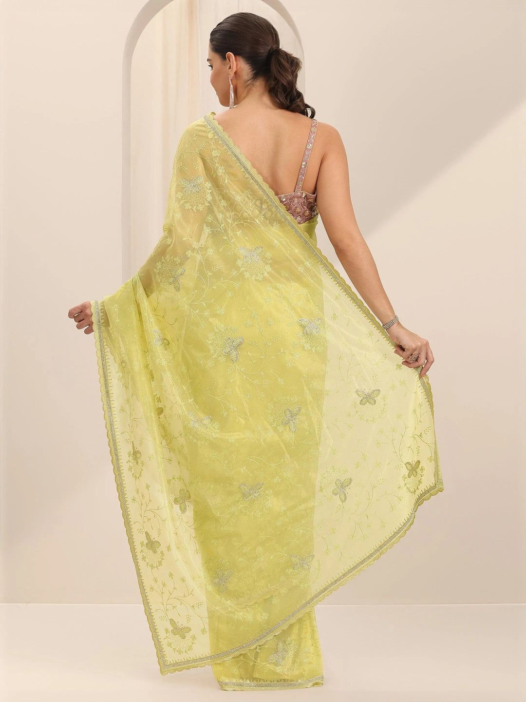  Green Embroidered Net Silk Saree With Unstitched Blouse Piece 
